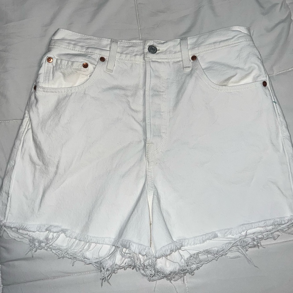 Levi’s distressed high waisted white denim shorts